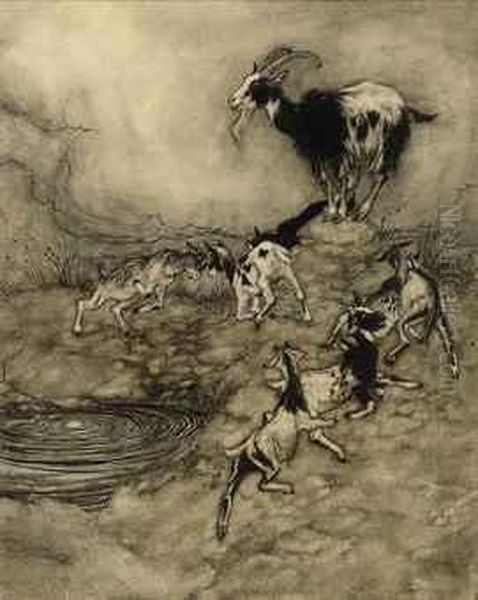 Illustration To Grimm's Fairy Tales: 'the Wolf And The Seven Littlekids' Oil Painting by Arthur Rackham