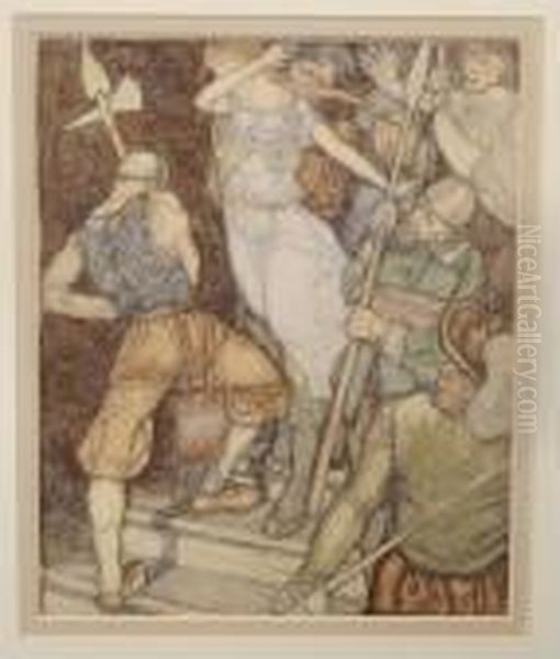 Figurative Subject, Depicting Soldiers With A Female Figure, Possibly The Kidnap Oil Painting by Arthur Rackham