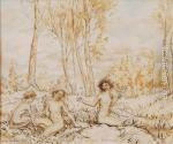 Three Wood Nymphsgathering Flowers Oil Painting by Arthur Rackham