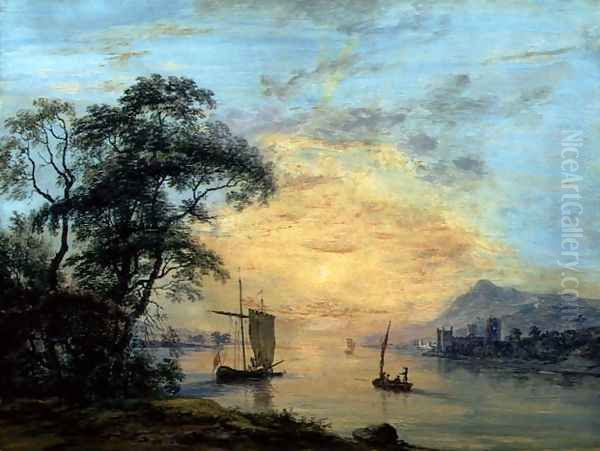 A Welsh Sunset River Landscape, c.1775-1800 Oil Painting by Paul Sandby