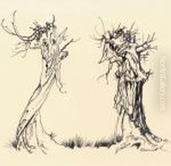 Two Trees Oil Painting by Arthur Rackham