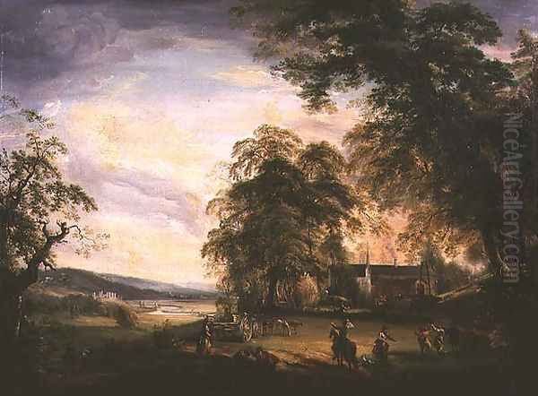 A View of Arundel Castle with Country Folk Merrymaking by a Farmhouse Oil Painting by Paul Sandby