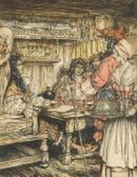 Coffee House Scene Oil Painting by Arthur Rackham