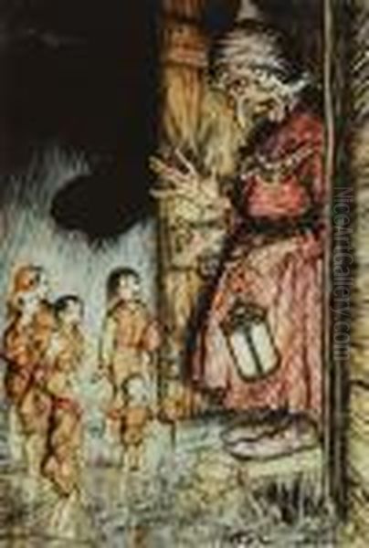 When The Lady Saw That They Had Such Pretty Faces Shebegan To Shed Tears. Oil Painting by Arthur Rackham