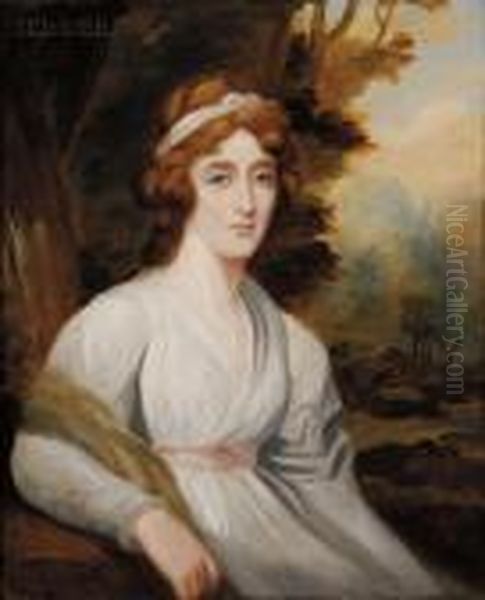 Portrait Of A Lady In White Seated In A Landscape Oil Painting by Sir Henry Raeburn