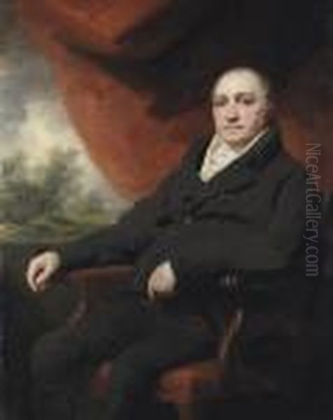 Portrait Of A Gentleman, 
Traditionally Identified As Dr. Black, Ordr. Blake, 
Three-quarter-length, In A Black Coat, A Draped Redcurtain And Landscape
 Beyond Oil Painting by Sir Henry Raeburn