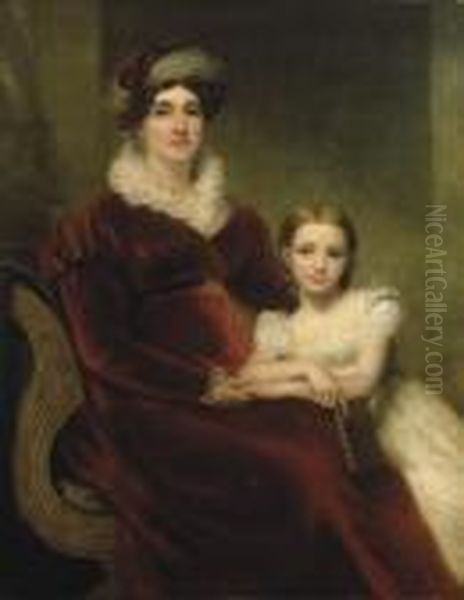 Double Portrait Of Mrs Alexander
 Allan, Three-quarter-length,seated In A Crimson Velvet Dress With White
 Ruff And Cuffs And Acrimson And White Turban, With Her Granddaughter, 
Matilda, In Awhite Lace Dress Holding A Leather Bound Book Oil Painting by Sir Henry Raeburn