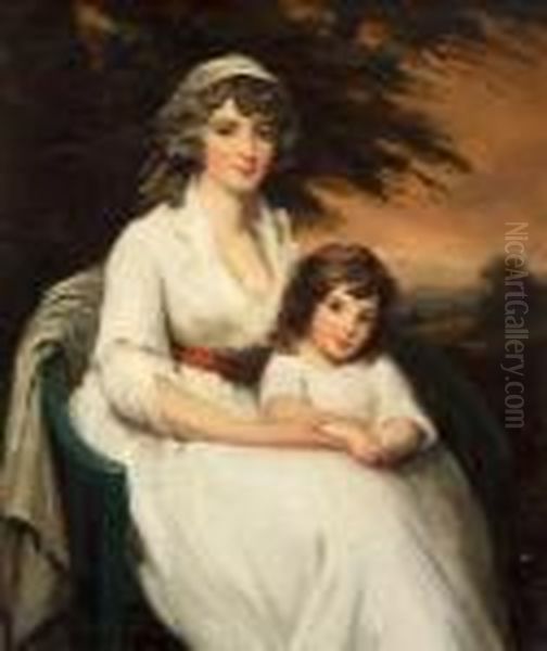 A Portrait Of A Lady, Seated, In A White Dress With Her Child In A Wooded Landscape Oil Painting by Sir Henry Raeburn