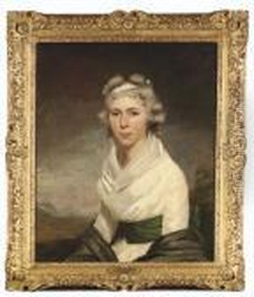 Portrait Of Mrs George Wood, 
Three-quarter-length, In A White Dress With A Green Sash And Black 
Shawl, In A Landscape Oil Painting by Sir Henry Raeburn