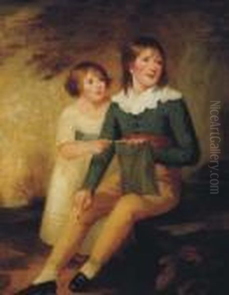 Portrait Of A Boy And A Girl, Full-length, The Boy With A Sketch Pad And Pen Oil Painting by Sir Henry Raeburn