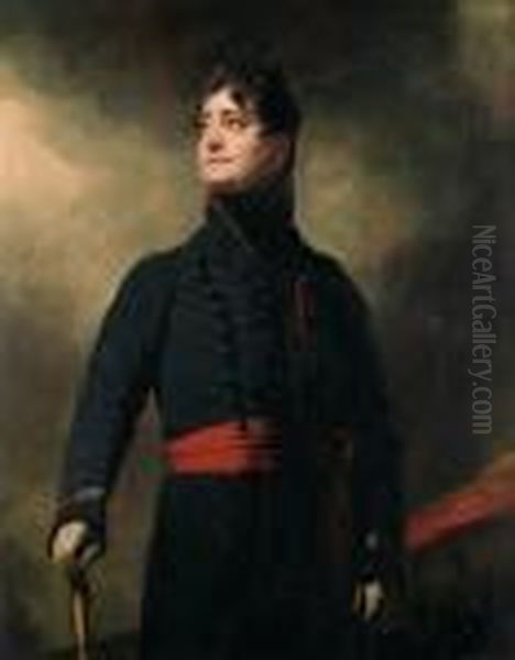 Portrait Of James, 4th Earl Of 
Fife (1776-1857),three-quarter-length, In Military Uniform, With A Red 
Sash, Wearingthe Badge Of The Order Of St. Ferdinand, A Landscape Beyond Oil Painting by Sir Henry Raeburn