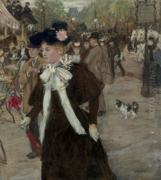 Elegante Sur Le Boulevard Des Italiens, Paris Oil Painting by Jean-Francois Raffaelli