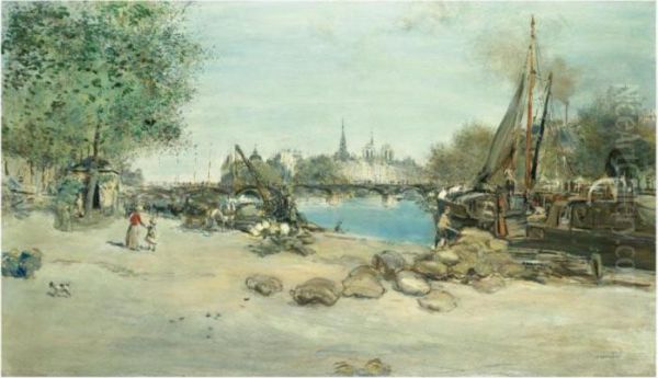 Le Port Saint-nicolas Avec Notre-dame A L'arriere-plan Oil Painting by Jean-Francois Raffaelli