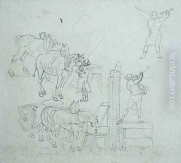 Studies of a carter pumping water for his horses Oil Painting by Paul Sandby