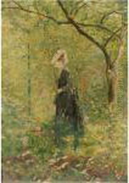 Elegant Lady In A Forest Oil Painting by Jean-Francois Raffaelli