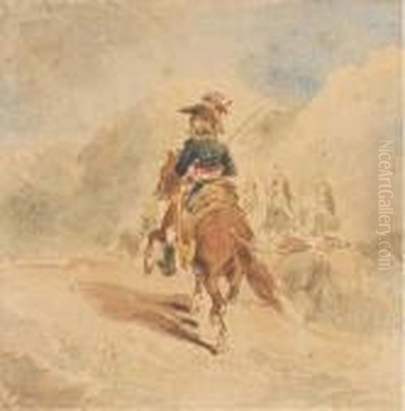 Un General De Brigade En Grande Tenue A Cheval Precede D'un Pelotonde Dragons A Cheval Oil Painting by Auguste Raffet