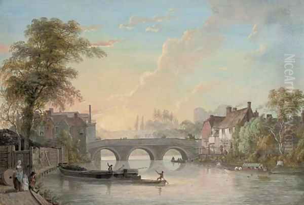 View of Tonbridge, with the bridge and houses, coal and pleasure boats in the foreground and the castle keep beyond Oil Painting by Paul Sandby