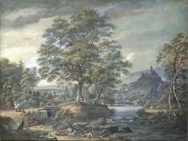 An extensive river landscape with travellers and donkeys crossing a bridge with a fortified castle beyond Oil Painting by Paul Sandby