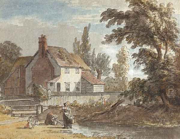 A cottage by a river with figures in the foreground Oil Painting by Paul Sandby