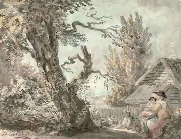 A mother and child seated in a garden Oil Painting by Paul Sandby