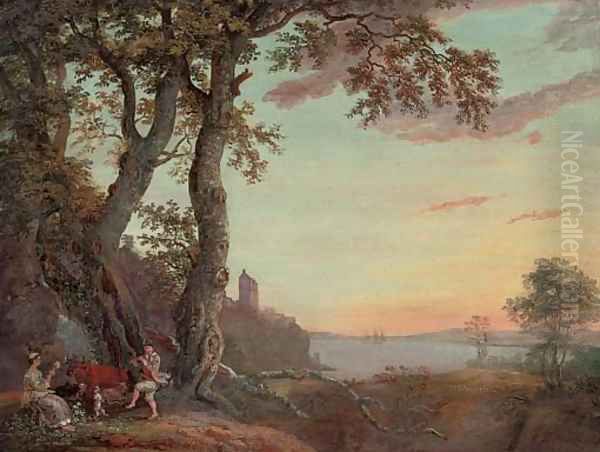 An extensive wooded river landscape with an amorous couple making music under a tree Oil Painting by Paul Sandby