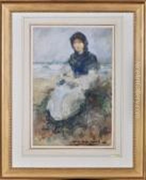 A North Shields Fishergirl Seated On The Shore Oil Painting by Victor Noble Rainbird