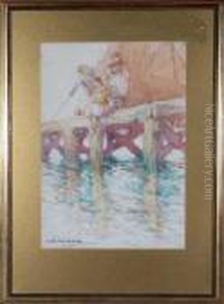 Children Fishing From A Pier Oil Painting by Victor Noble Rainbird