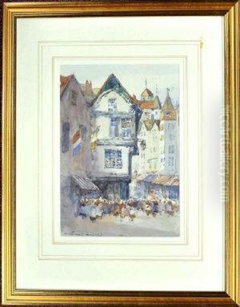 Figures In The Street Of A French Provincial Town Oil Painting by Victor Noble Rainbird