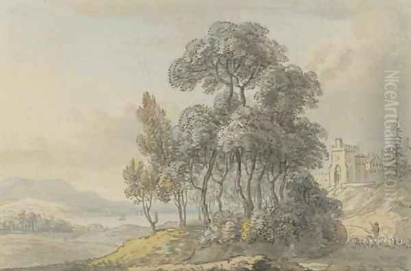 A shepherd driving his flock before a Scottish castle Oil Painting by Paul Sandby