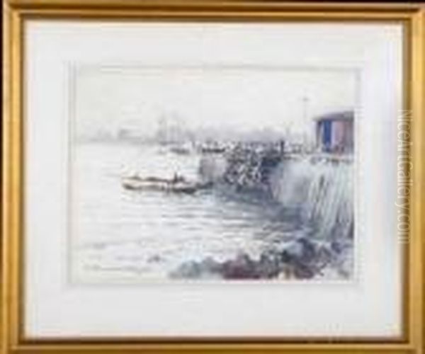 A Coble In North Shields Harbour Oil Painting by Victor Noble Rainbird