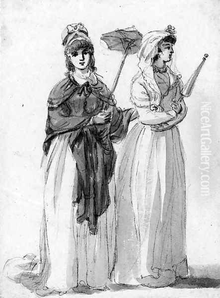 Two ladies with their parasols Oil Painting by Paul Sandby