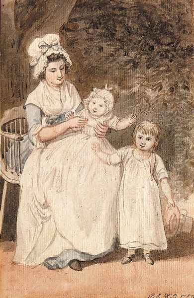 Two of the artist's children with their nurse, seated in a garden Oil Painting by Paul Sandby