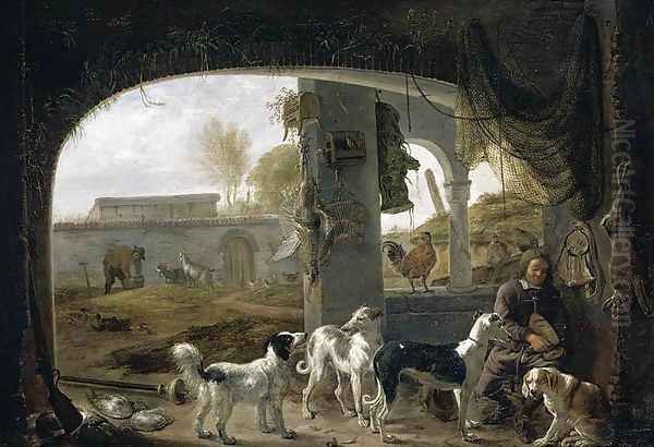 Huntsman Feeding His Dogs c. 1652 Oil Painting by Cornelis Saftleven