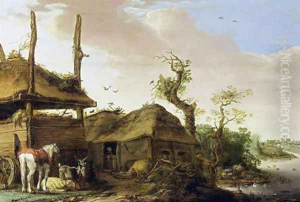 A Farmstead Near a Stream Oil Painting by Cornelis Saftleven