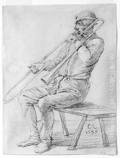 A seated man playing a sackbut Oil Painting by Cornelis Saftleven