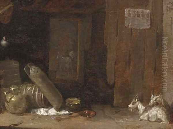 A barn interior with goats and a lady milking a goat beyond Oil Painting by Cornelis Saftleven