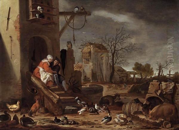 A couple embracing by a farmhouse, the Prodigal Son among swine beyond Oil Painting by Cornelis Saftleven