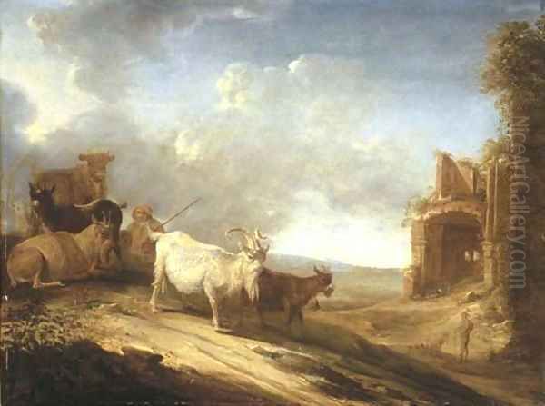 An open landscape with a herdsman, goats and a cow on a track, a ruin beyond Oil Painting by Cornelis Saftleven