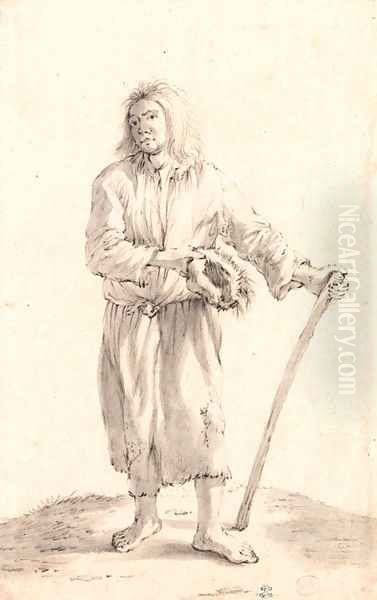 A standing peasant holding a hat and a stick Oil Painting by Cornelis Saftleven