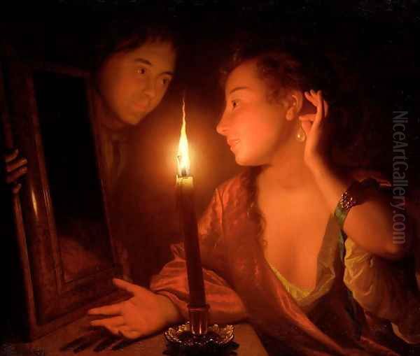 A Lady Admiring An Earring by Candlelight Oil Painting by Godfried Schalcken