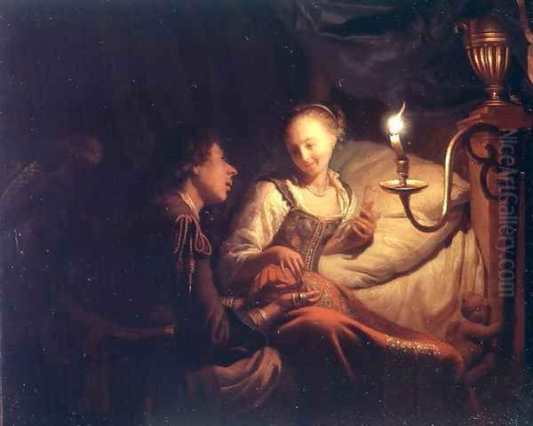 A Candlelight Scene A Man Offering a Gold Chain and Coins to a Girl Seated on a Bed, c.1665-70 Oil Painting by Godfried Schalcken