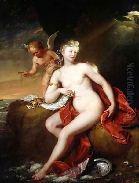 Newly Born Venus Cared for by Cupid Oil Painting by Godfried Schalcken