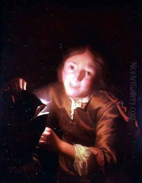 A Young Boy Holding a Candle Behind a Halloween Mask Oil Painting by Godfried Schalcken