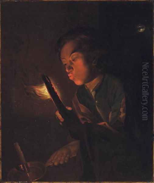 A Boy Blowing on an Ember, 1690s Oil Painting by Godfried Schalcken