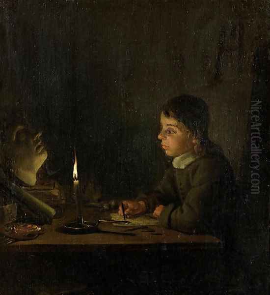 Boy Drawing by Candlelight Oil Painting by Godfried Schalcken