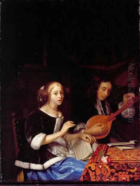 A Young Couple Making Music, c.1665-70 Oil Painting by Godfried Schalcken