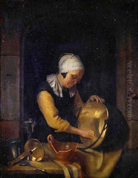 An Old Woman Scouring a Pot, c.1660 Oil Painting by Godfried Schalcken