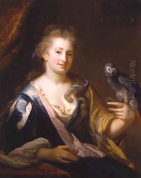 Portrait of a Lady feeding a parrot Oil Painting by Godfried Schalcken