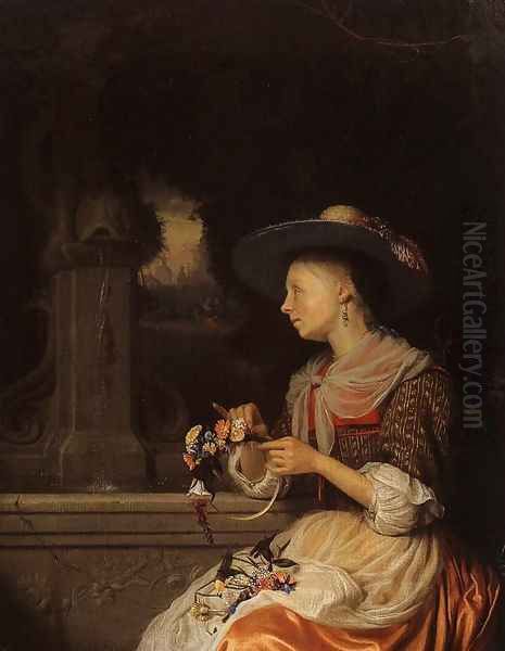 Young Woman Weaving a Garland Oil Painting by Godfried Schalcken