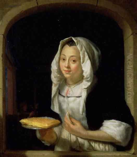 Portrait of a maid holding a waffle by Godfried Schalcken